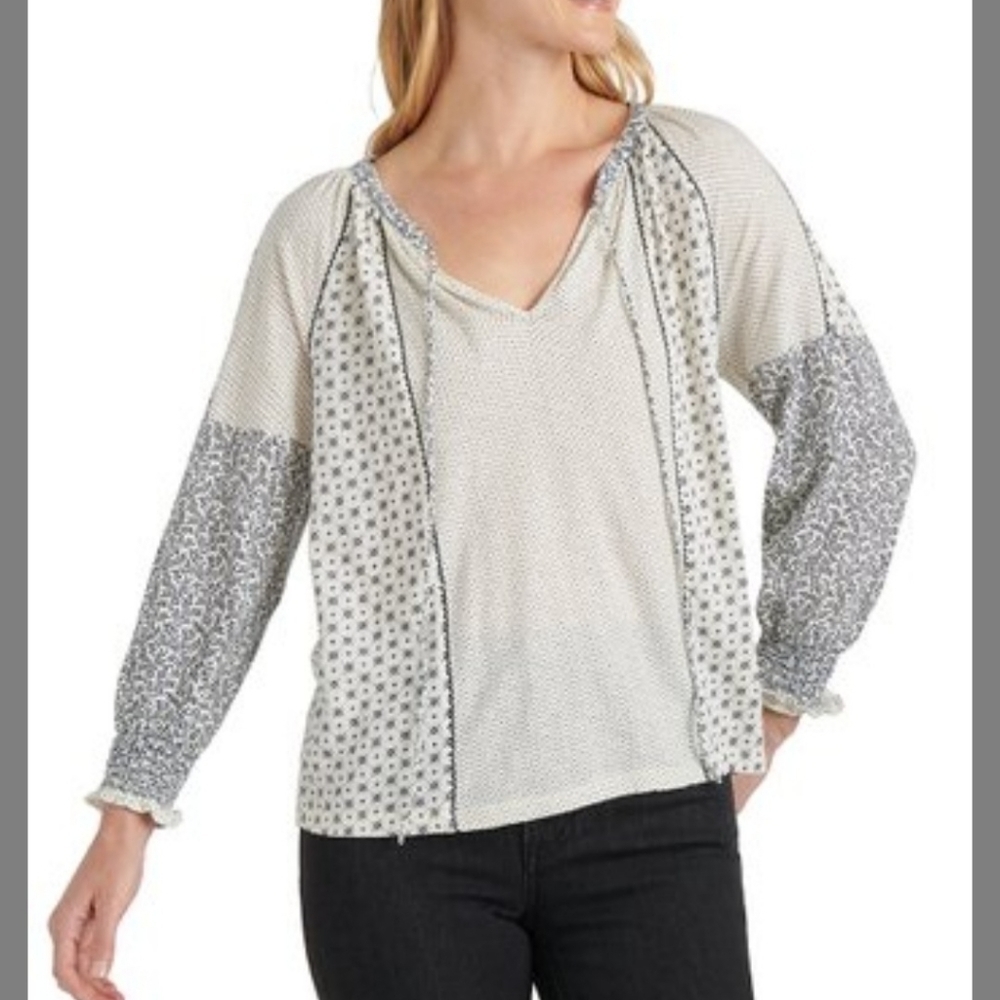 Lucky Brand Natural Floral Tie-Neck Peasant Top
